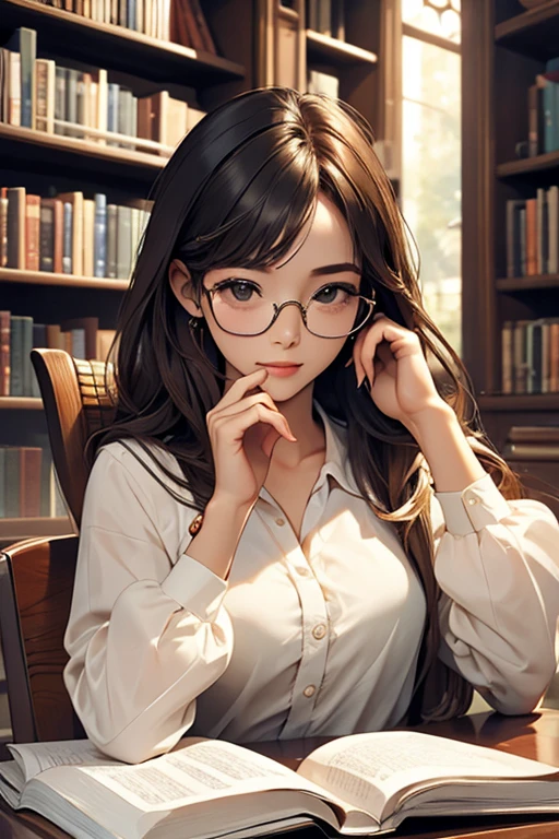 Highest quality、masterpiece、High sensitivity、High resolution、Detailed Description、Slender women、Glasses、library、From the bookshelf、
