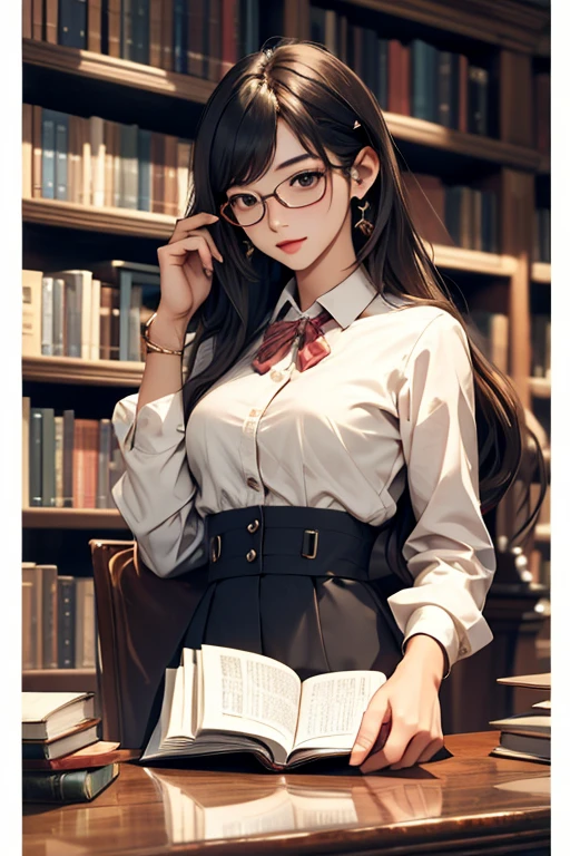 Highest quality、masterpiece、High sensitivity、High resolution、Detailed Description、Slender women、Glasses、library、From the bookshelf、