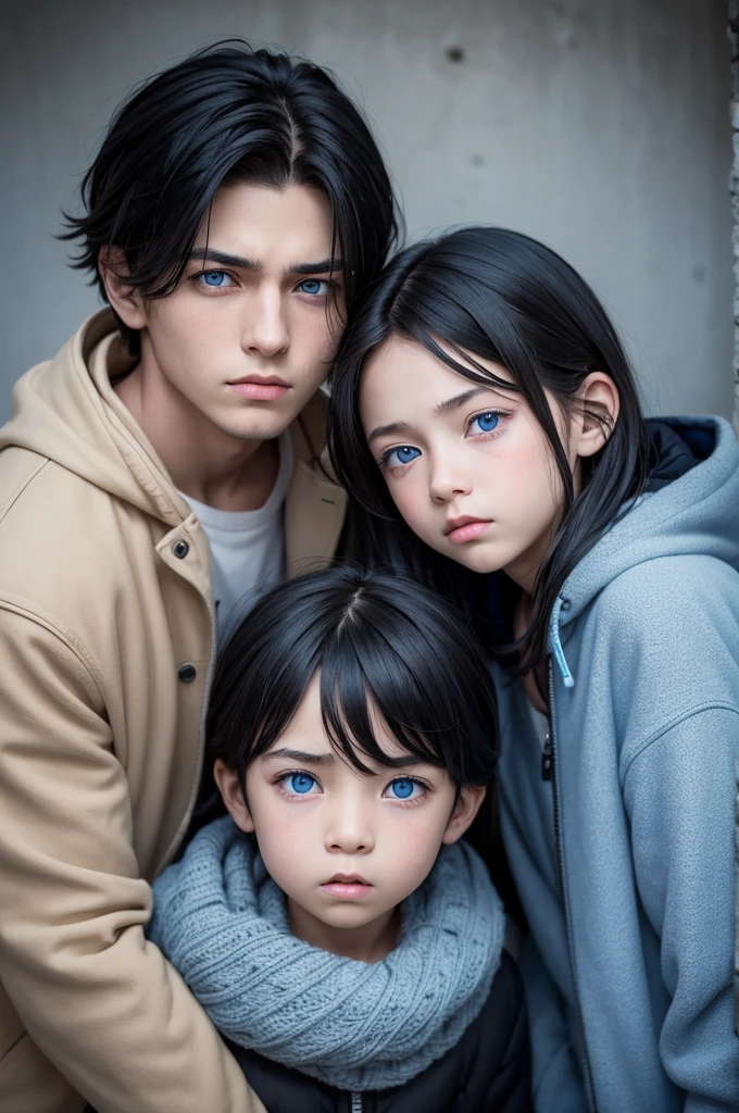 two brothers,a girl and a boy,the boy has black hair and blue eyes and the cold face of someone who doesn't care and he is very tall,the girl has long blonde hair and pink eyes, a face with a bored expression and is very short and has huge breasts,both in Japanese school clothes,the background is at school,anime styling.