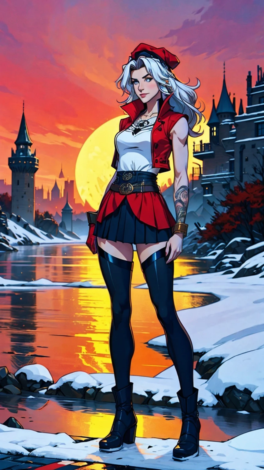 ((Full body photo, standing, feet on the floor)) full body Esbian, of the highest quality, Intricately detailed skins, Shiny skin, Shiny hair, pale complexion,Big breasts), Red sky, Continuous snow, Castle terrace, ((Skull Mark)), ambitious, Seductive Woman, Gray hair, Long hair, Hair fluttering in the wind, Skull mask on half of the face, Detailed tattoos, Red leather clothes, Red sleeveless clothes, Red leather coat, Black leather gloves, Solid Gold Bracelet, leather skirt red skirt, , small hat, (Leather Belt), Look far away