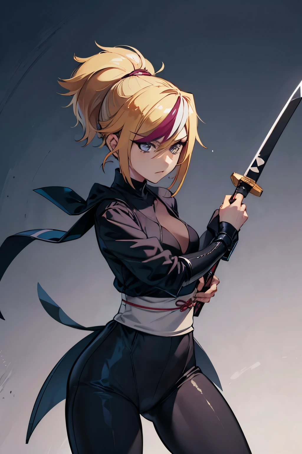 a drawing of a woman in a black outfit holding a sword, inspired by Kusumi Morikage, inspired by Kanō Hōgai, inspired by Kano Sanraku, inspired by Kawabata Ryūshi, Female Samurai, Japanese anime style, anime style character