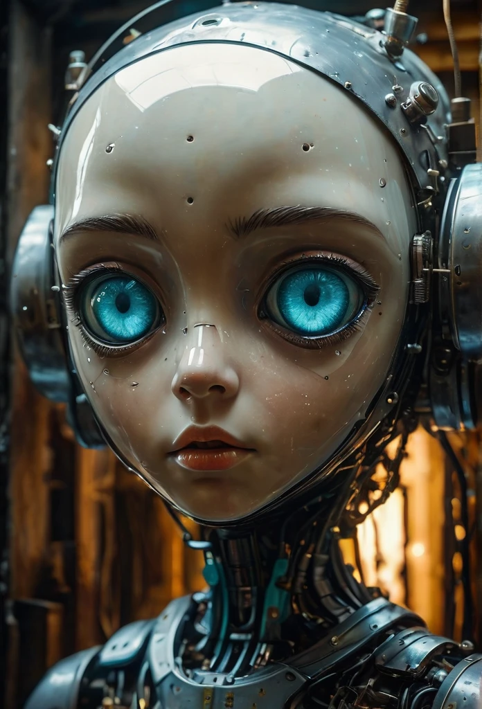 Oil on dirty gauze. Little funny robot, porcelain face and head, big turquoise eyes, perfect eyes, best quality, epic, hyperrealism, fantasy atmosphere, ferrotype defects, visual paradox, causticity, dark theme, cuteness overload, ladyrecore, chiaroscuro, vanishing point, professional, masterpiece artistic portrait, multilayer sheets, techniques used: lithography, chiaroscuro, atmospheric perspective, Engine of Unreality, Greg Rutkowski. 8k uhd, dust particles.
