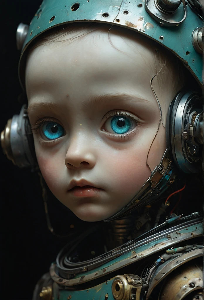 Oil on dirty gauze. Little funny robot, porcelain face and head, big turquoise eyes, perfect eyes, best quality, epic, hyperrealism, fantasy atmosphere, ferrotype defects, visual paradox, causticity, dark theme, cuteness overload, ladyrecore, chiaroscuro, vanishing point, professional, masterpiece artistic portrait, multilayer sheets, techniques used: lithography, chiaroscuro, atmospheric perspective, Engine of Unreality, Greg Rutkowski. 8k uhd, dust particles.