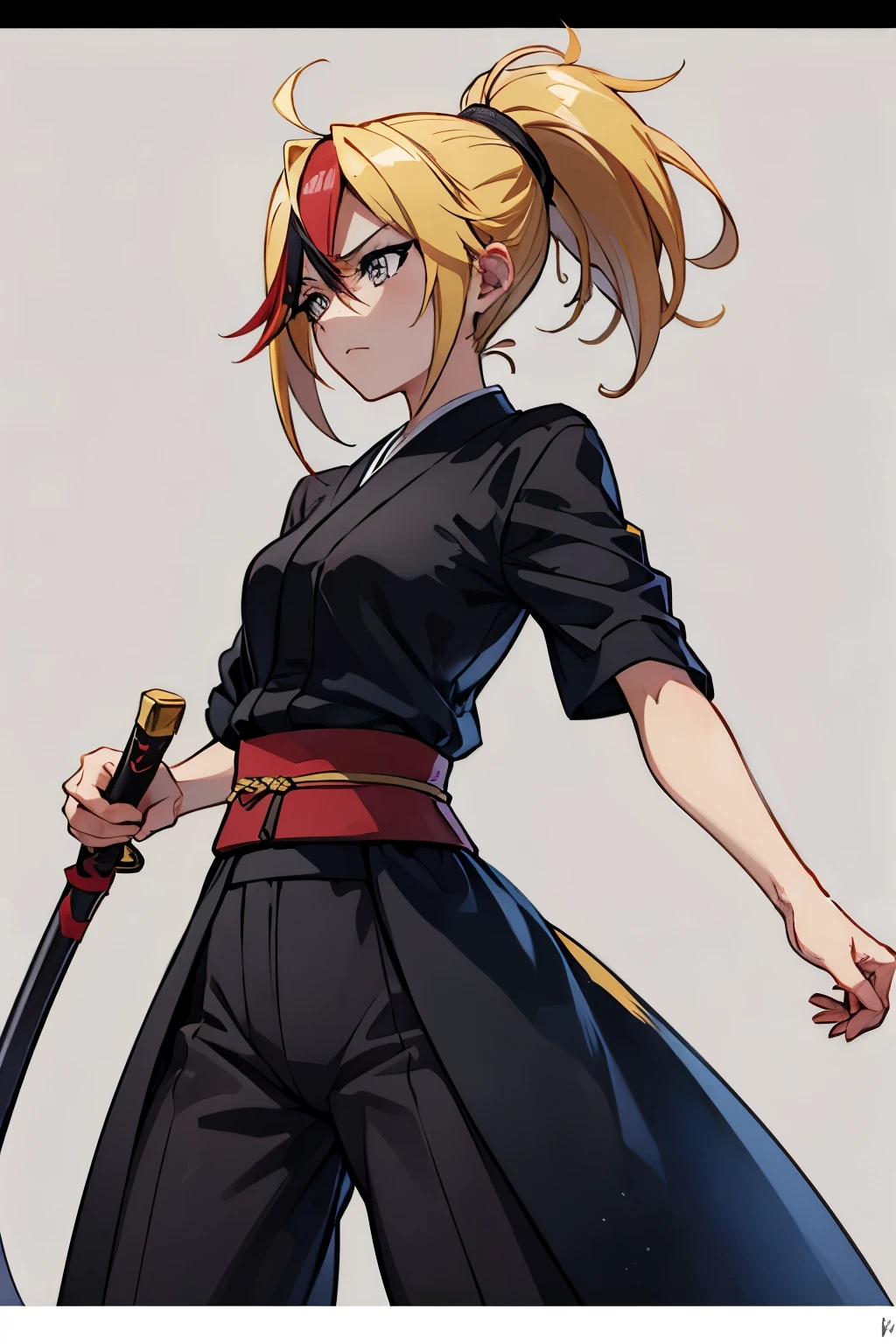 a drawing of a woman in a black outfit holding a sword, inspired by Kusumi Morikage, inspired by Kanō Hōgai, inspired by Kano Sanraku, inspired by Kawabata Ryūshi, Female Samurai, Japanese anime style, anime style character