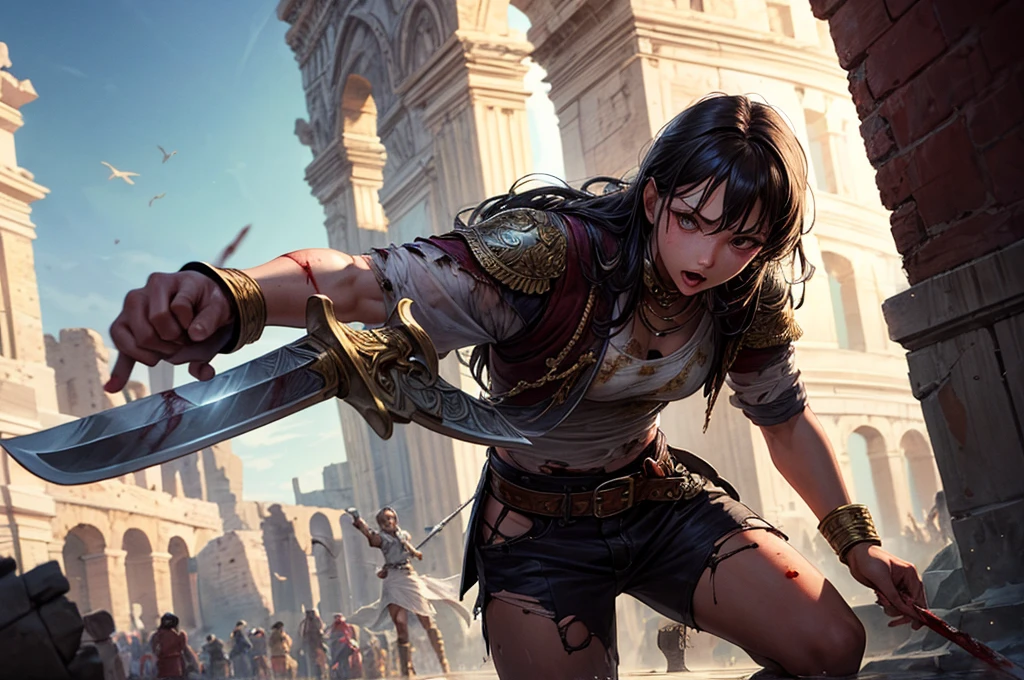 (((masterpiece))), (((best quality))), ((ultra-detailed)), (illustration), (an extremely delicate and beautiful), 1 girl, Colosseum, Sword slave, slave, (fight:1.4), Hemp clothing, blood, (torn clothes:1.1), holding giant sword,