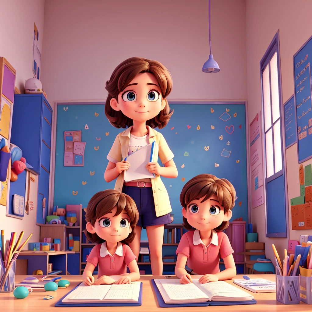 Dana is a teacher of boys and girls and they are in a room with colors and notebooks.