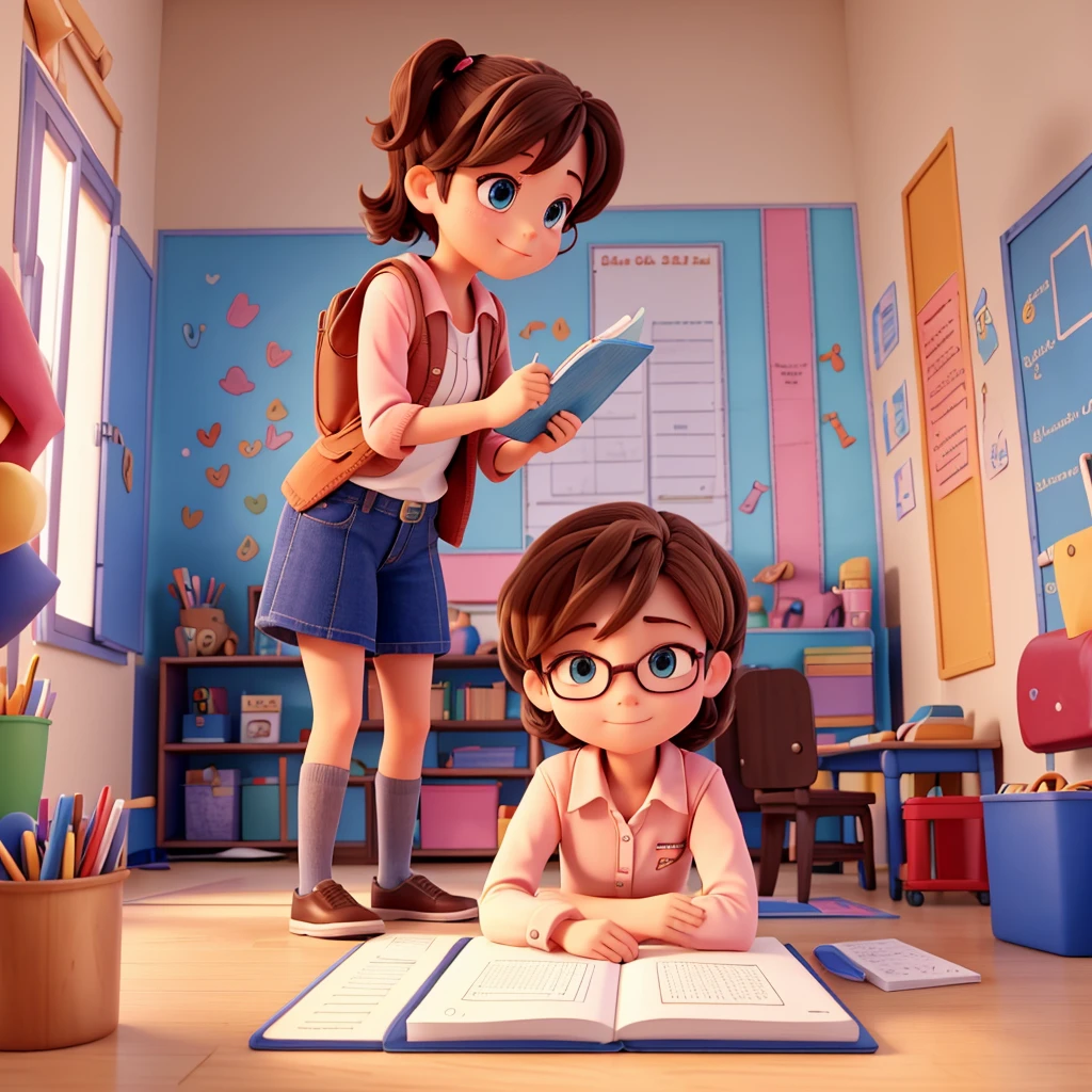 Dana is a teacher of boys and girls and they are in a room with colors and notebooks.
