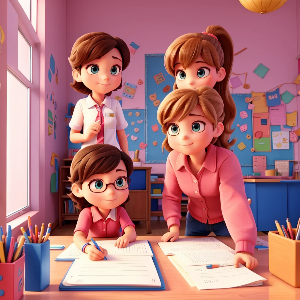 Dana is a teacher of boys and girls and they are in a room with colors and notebooks.