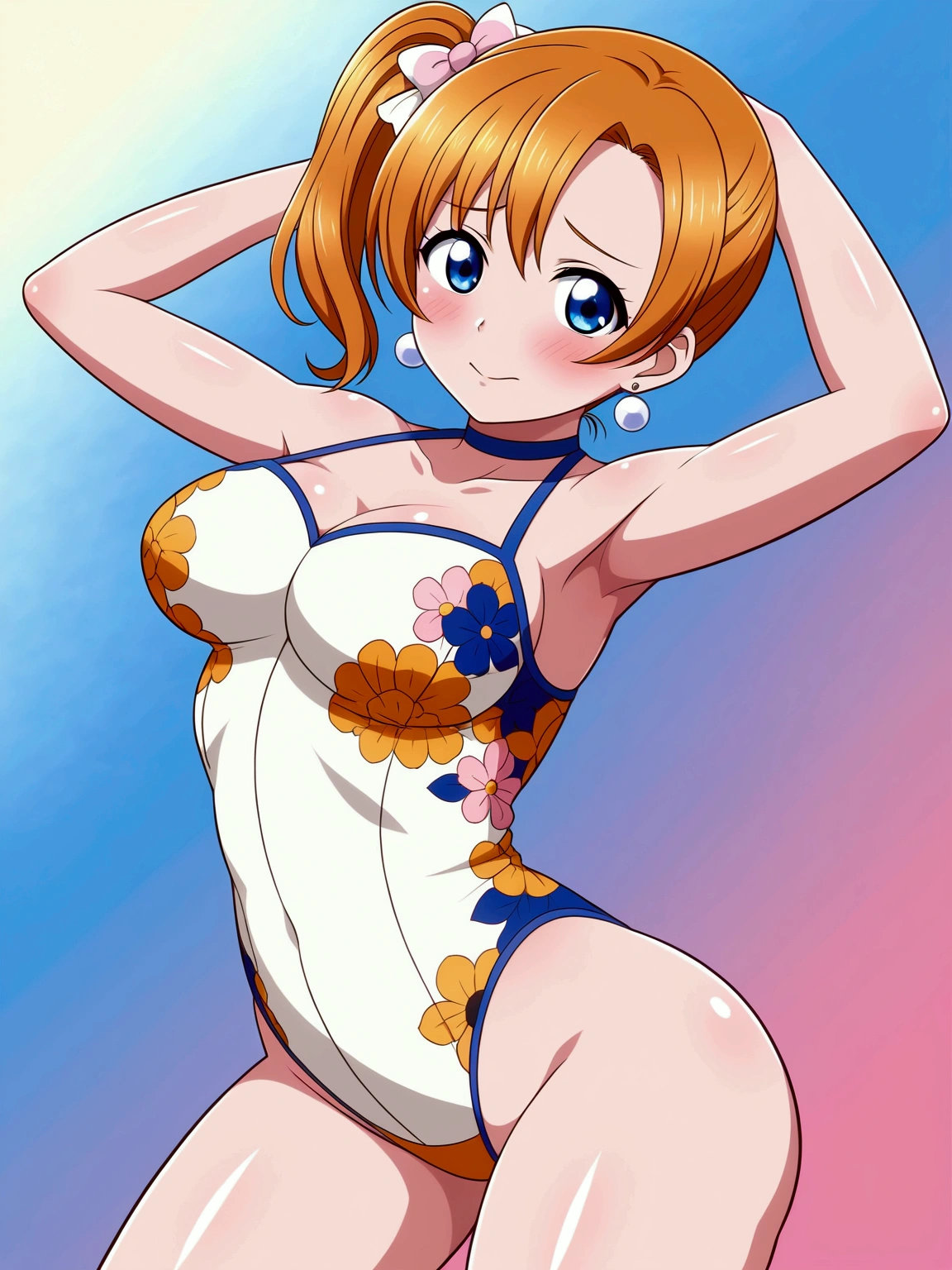 (Masterpiece, Best Quality, High Quality), professional artwork, well drawn, Intricate Details,solo, Kousaka honoka, ultra detail hair, ultra detail face, perfect eyes, earring, pink bodysuit , floral printed, thighs gap, orange hair , standing , sexy , blue eyes , embarrassed, arms pose 