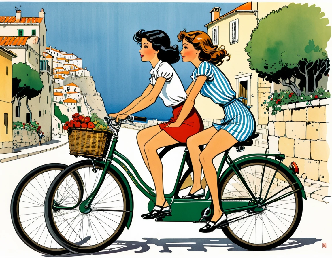 Southern France, two girls on a bicycle, in the 6-color comicsbook style of Gibrat,illustration by Jean-Pierre Gibrat.perfection style, perfect hands