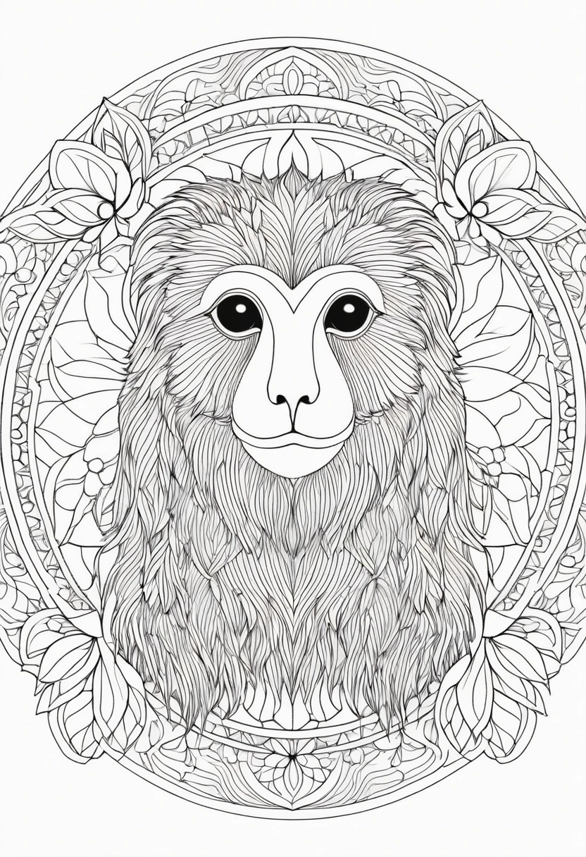 A striking black and white line art coloring page designed for adults with white background, featuring a majestic Gibbon in a mandala-inspired style. The Gibbon is adorned with intricate patterns that include floral and geometric designs, making it an engaging and detailed work of art. The illustration focuses on crisp, clean lines and bold outlines, without any shading or color, allowing the user to bring their own vibrancy to the piece. The minimalistic design, with its thick lines and absence of background details, creates a soothing coloring experience for adults seeking calming and creative activities. illustration