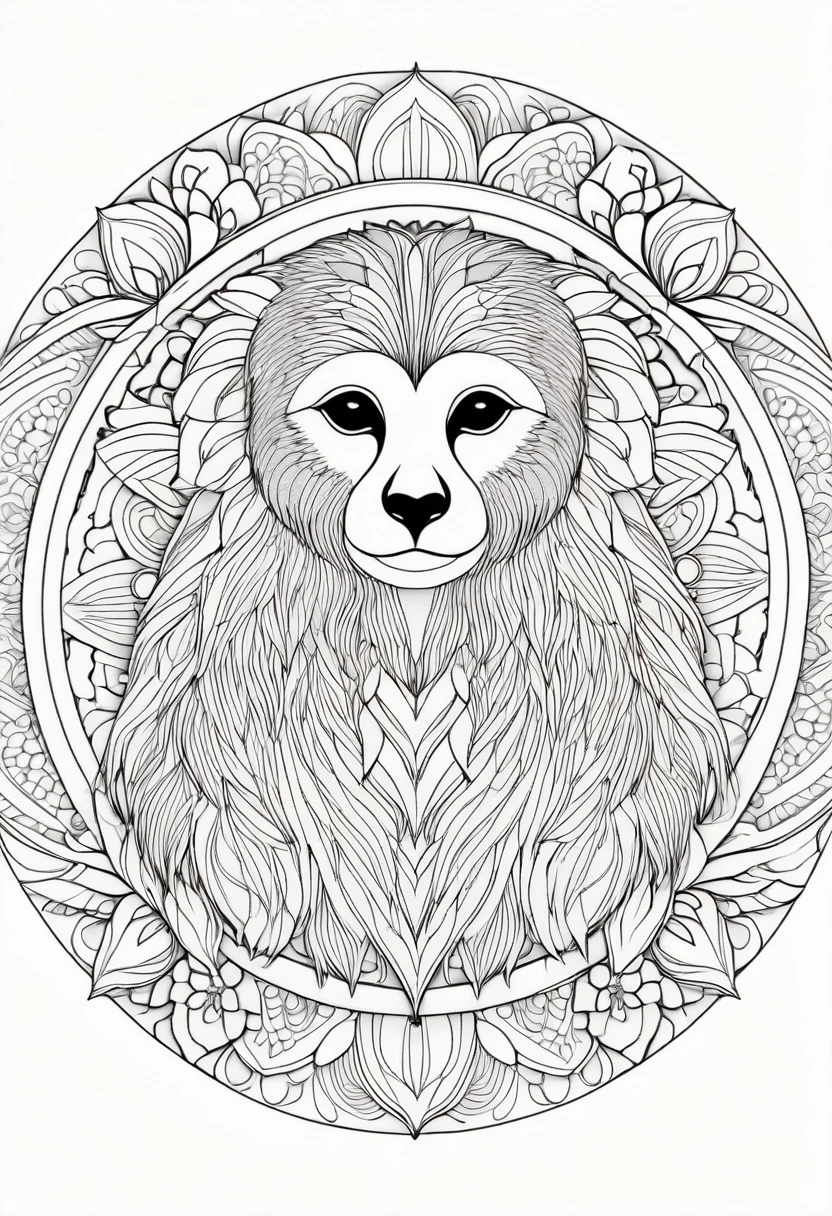 A striking black and white line art coloring page designed for adults with white background, featuring a majestic Gibbon in a mandala-inspired style. The Gibbon is adorned with intricate patterns that include floral and geometric designs, making it an engaging and detailed work of art. The illustration focuses on crisp, clean lines and bold outlines, without any shading or color, allowing the user to bring their own vibrancy to the piece. The minimalistic design, with its thick lines and absence of background details, creates a soothing coloring experience for adults seeking calming and creative activities. illustration