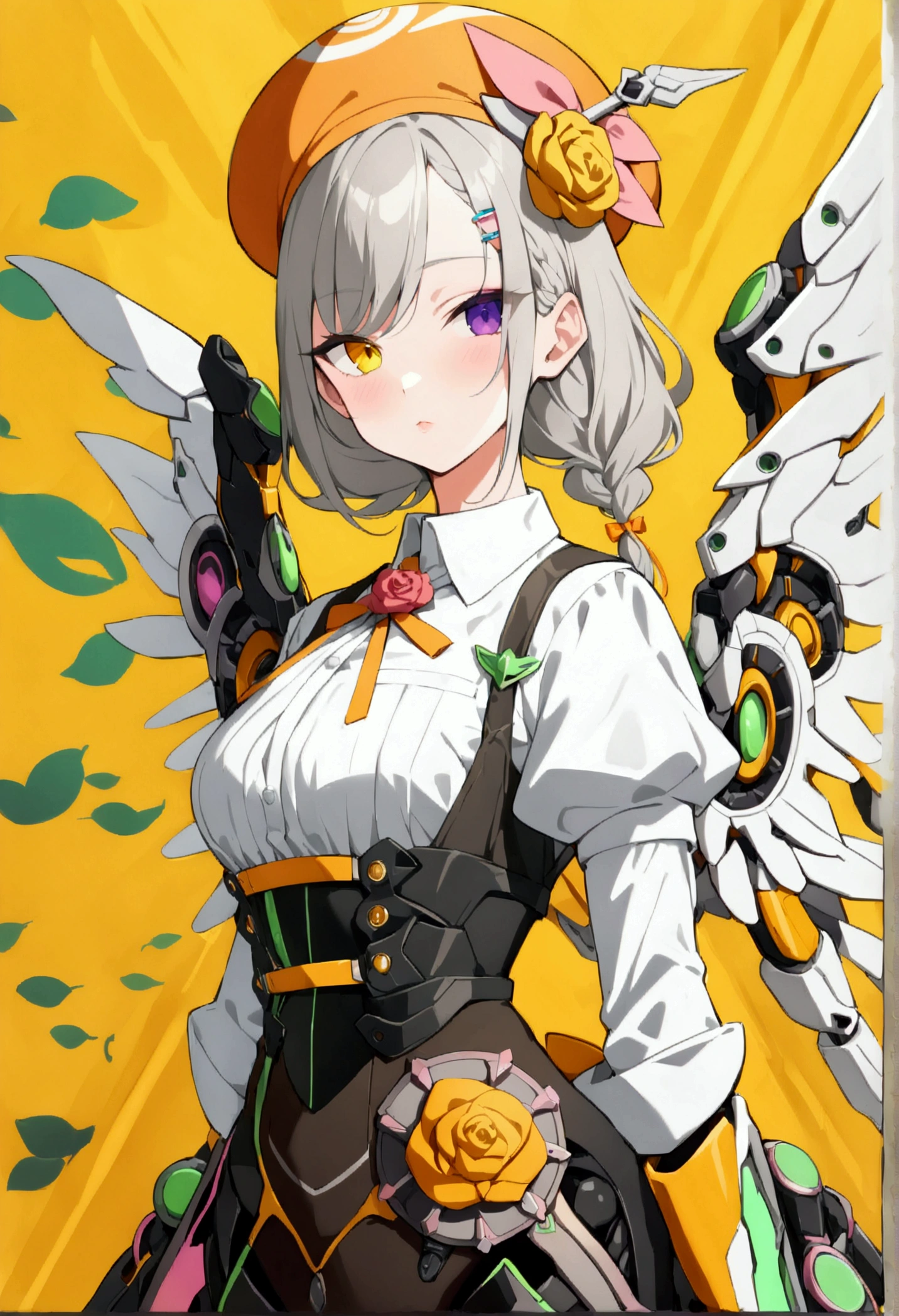 woman 165cm tall, (whole body: 1.5), slim build, , charming look, ((heterocromia: ojo right naranja y ojo izquierdo violeta)), (Shoulder Length Wavy Gray Hair, short braid on the left side of the hair: 1.2, big open bangs, golden gear hairpin on the left side of the hair), (((complex mechanical legs up to the hip, The legs are black with gray parts and small pink details))), (((complex mechanical arms up to the elbows, The arms are black with gray parts and small pink details))), ((complex white mechanical angel wings with pastel green parts)), (elegant black French beret with an orange rose ribbon: 1.2), (stylish white short sleeve button down shirt, dark brown shorts with straps from the waist, elegant black belt, small rose brooch on shirt collar, beautiful mechanical stilettos), (((character design sheet: vista 3/4))), ((Pastel yellow background)), extremely detailed hair, beautiful detailed clothing, extremely detailed arms, extremely detailed face, (Extremely detailed hands), perfect hands, beautiful detailed eyes, beautiful detailed lips, adorable, extremely detailed legs, (Best Quality, 8k, ultra resolution), ultra detailed, Exquisite and epic character art, (Focus on symmetry), (extremely detailed wings), (body position: standing, right, symmetrical), looking at the viewer, draw up the legs.