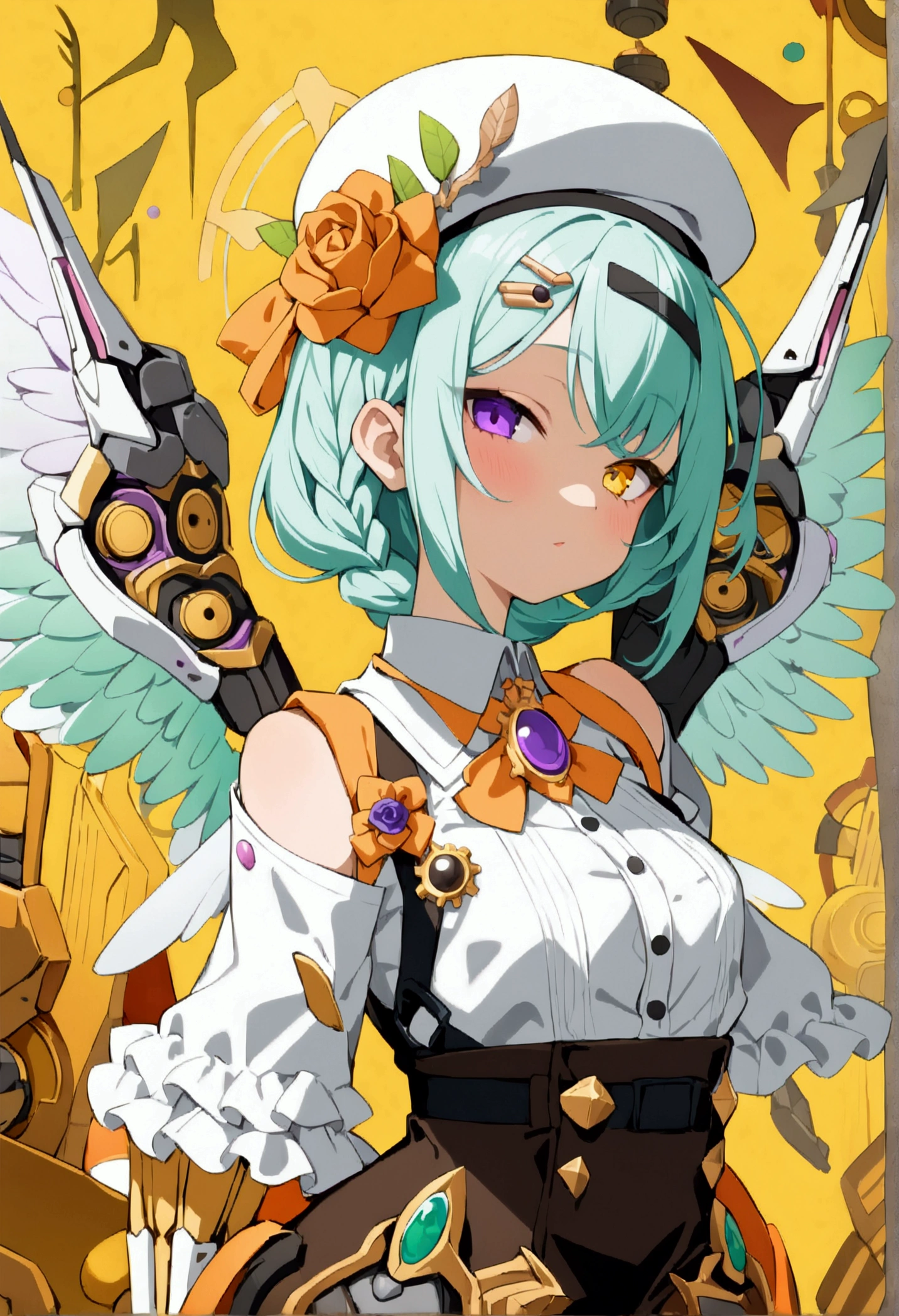 woman 165cm tall, (whole body: 1.5), slim build, , charming look, ((heterocromia: ojo right naranja y ojo izquierdo violeta)), (Shoulder Length Wavy Gray Hair, short braid on the left side of the hair: 1.2, big open bangs, golden gear hairpin on the left side of the hair), (((complex mechanical legs up to the hip, The legs are black with gray parts and small pink details))), (((complex mechanical arms up to the elbows, The arms are black with gray parts and small pink details))), ((complex white mechanical angel wings with pastel green parts)), (elegant black French beret with an orange rose ribbon: 1.2), (stylish white short sleeve button down shirt, dark brown shorts with straps from the waist, elegant black belt, small rose brooch on shirt collar, beautiful mechanical stilettos), (((character design sheet: vista 3/4))), ((Pastel yellow background)), extremely detailed hair, beautiful detailed clothing, extremely detailed arms, extremely detailed face, (Extremely detailed hands), perfect hands, beautiful detailed eyes, beautiful detailed lips, adorable, extremely detailed legs, (Best Quality, 8k, ultra resolution), ultra detailed, Exquisite and epic character art, (Focus on symmetry), (extremely detailed wings), (body position: standing, right, symmetrical), looking at the viewer, draw up the legs.