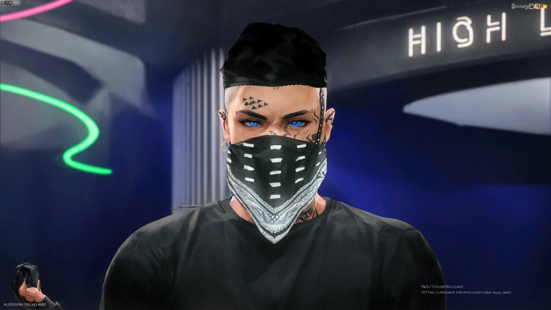 man with a black bandana covering his face, and a black shirt, face tattooed, blue eyes, black hair