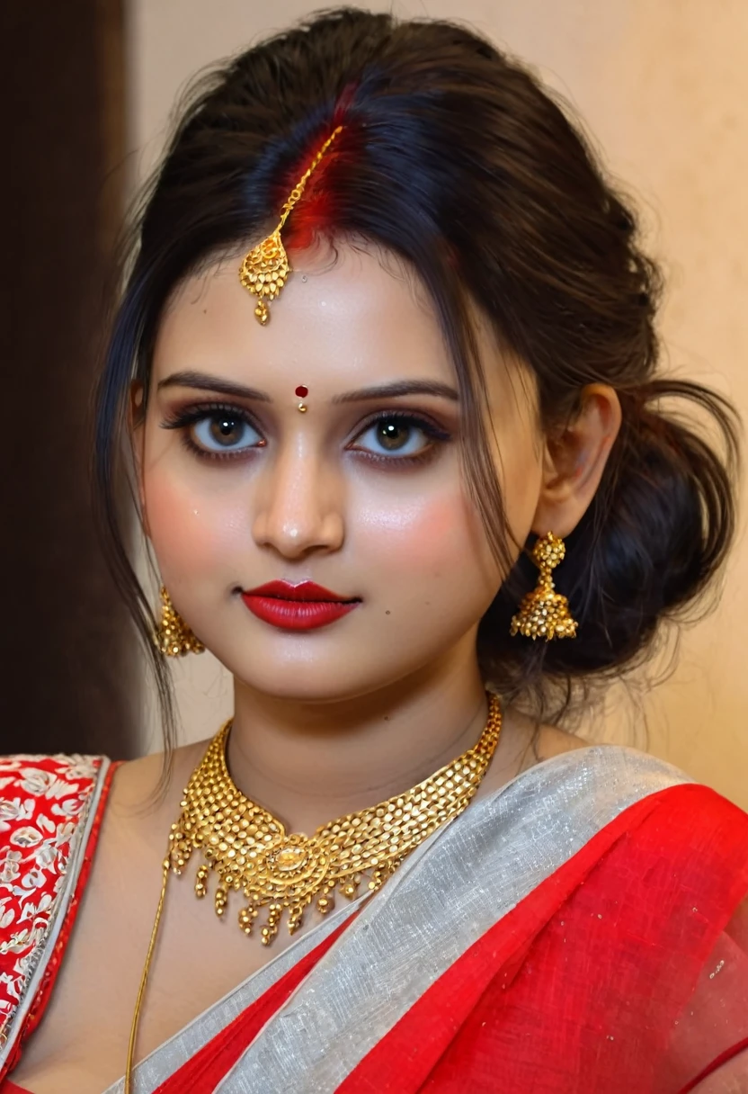 perfect pink eyes, fantastic face, Indian, beautiful look, ((red lips, bright eyes, curve heir 1.5)), ((beautiful details very big breast )), (Straight round and ultra huge clevage, not sagging breast), A glorious gorgeous, glorious gorgeous face, pretty face, bright eyes, detailed elegant printed red saree, updo elegant hair, blurred gray tones background, ultra focus, face ilumined, face detailed, 8k resolution, painted, dry brush, brush strokes, razumov style and garmash style, by Tokaito,  ((Full Open ))