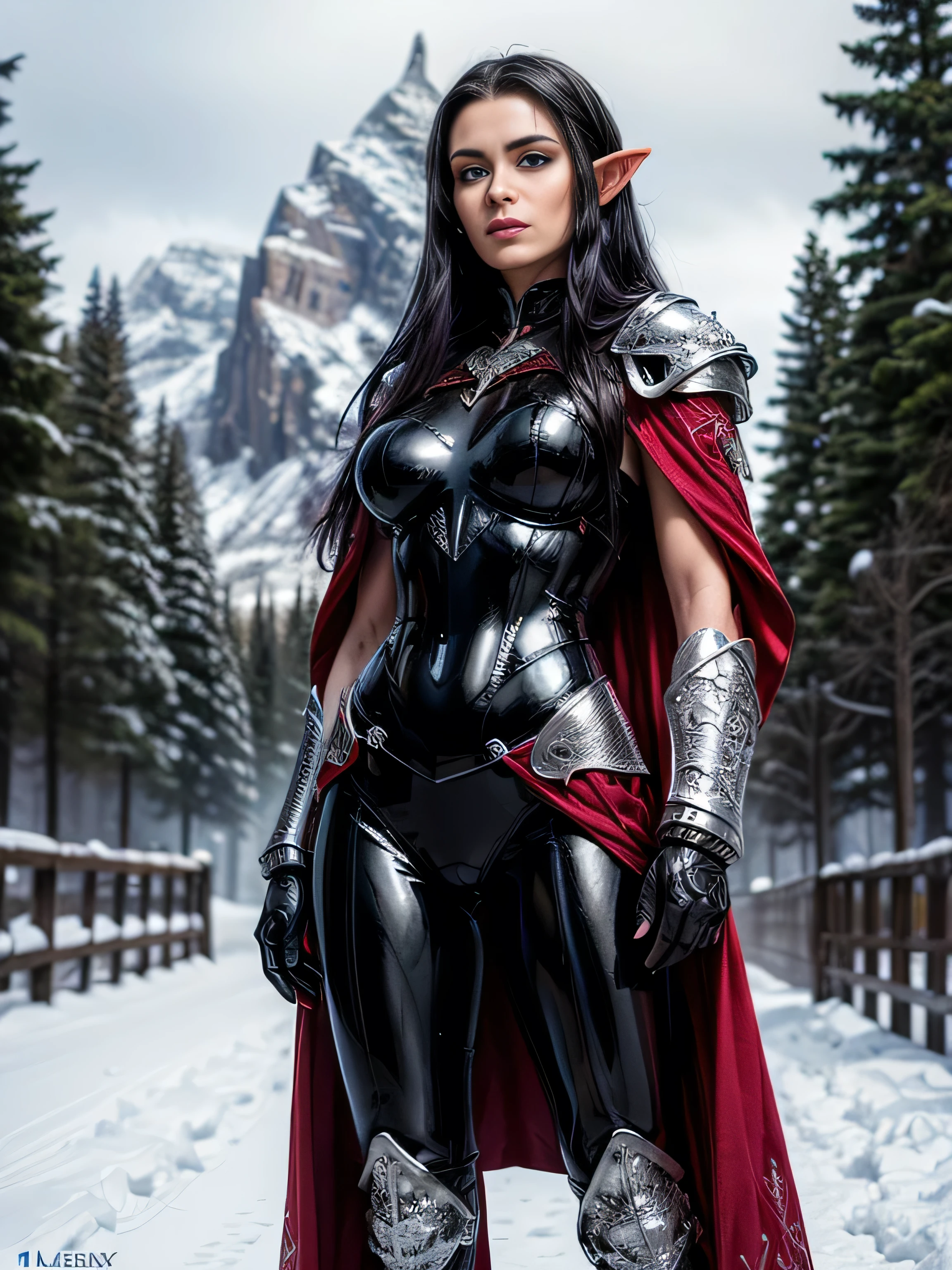 (masterpiece, photorealistic:1.4, extremely intricate:1.6), (photon mapping, radiosity, physically based rendering, ultra resolution, hyper-realistic, photorealistic:1.4, hyper-realistic, 8K, dtx), ((twentyfive elf female [bodybuilder:supermodel:0.2], (elven girl, ((lacquered black chrome armor)), filigree, etched, crimson red cloak, wind, windy, long straight [glossblack hair:purple hair:0.8], [large :medium breasts [iceblue eyes:green eyes:0.9]), [from below:side view:0.5]), outside, snowy mountain trail, outdoors, winter, cold, snow, Fantasy, (metal reflections)