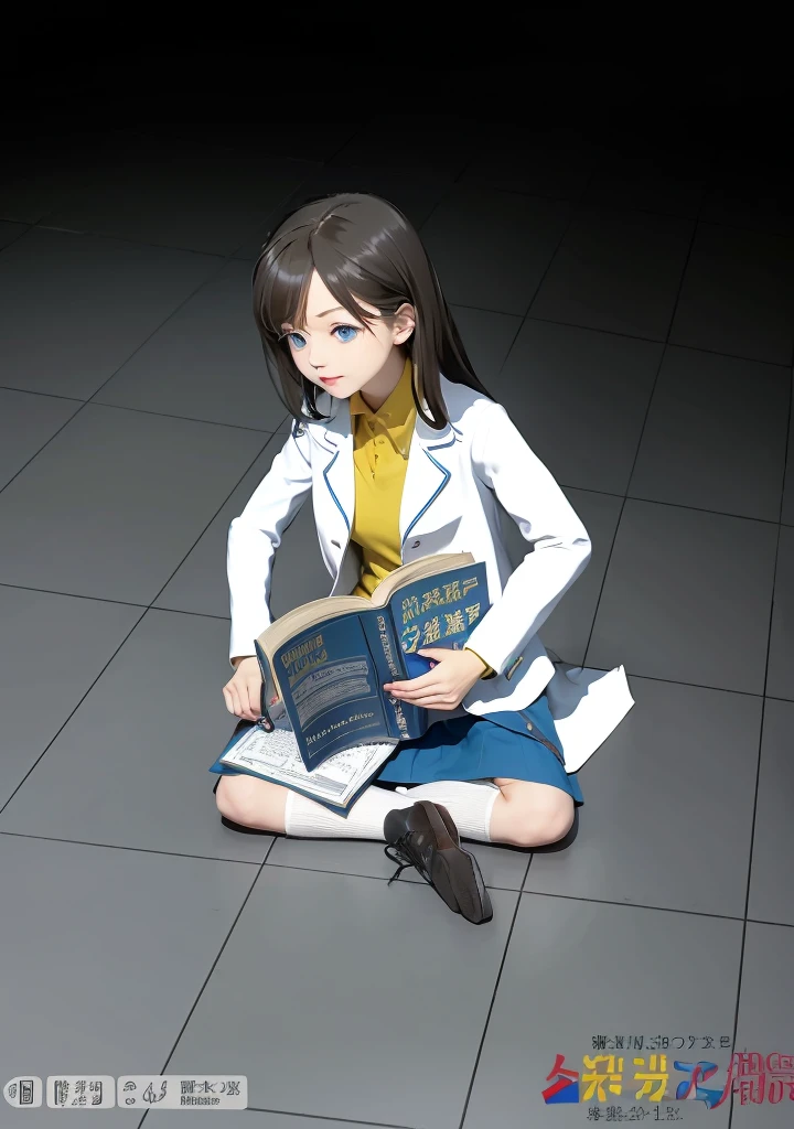 Girl, dark hair, shoulder length hair, blue eyes, white flower hairpin, white lab coat, yellow shirt, blue skirt, black shoes, white socks, dark blue calculus book, writing, looking at the book, studying on the floor, half dark room