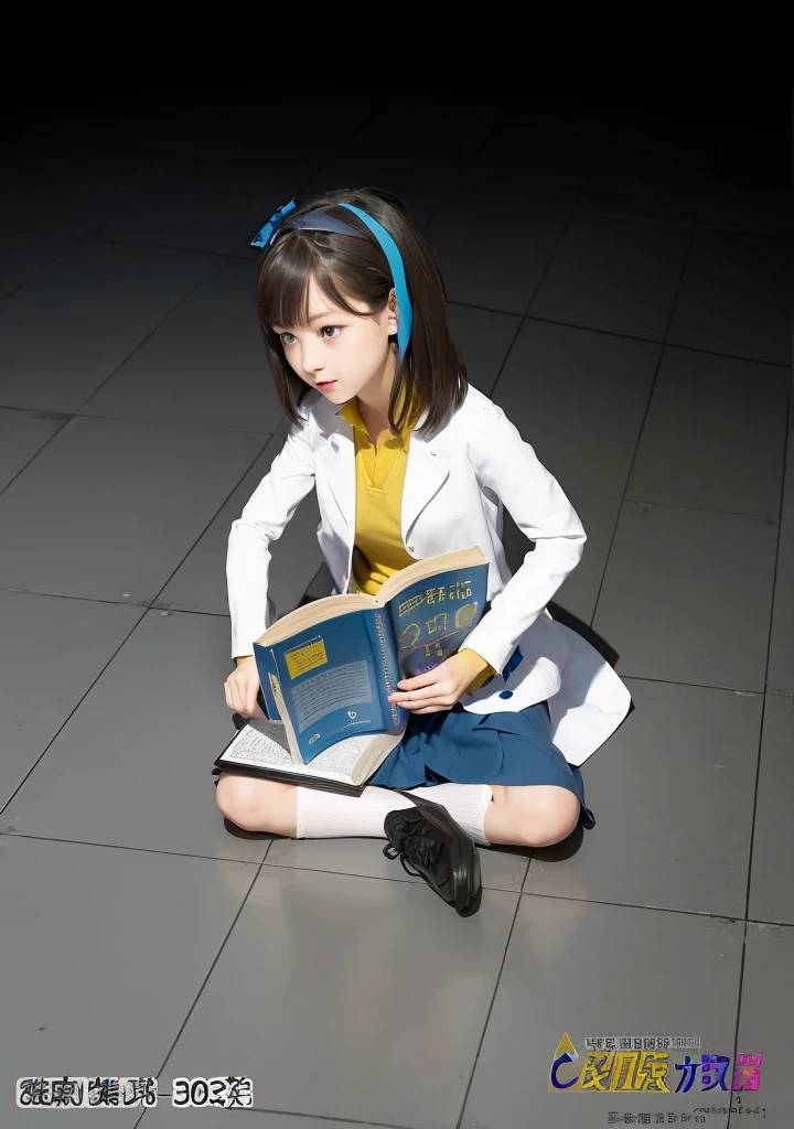Girl, dark hair, shoulder length hair, blue eyes, white flower hairpin, white lab coat, yellow shirt, blue skirt, black shoes, white socks, dark blue calculus book, writing, looking at the book, studying on the floor, half dark room