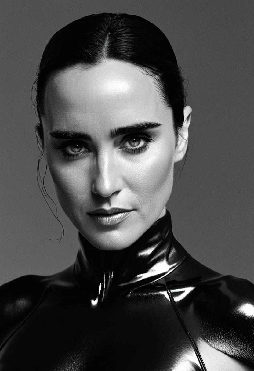 medium body view , b&w, instagram photo of Jennifer Connelly, perfect detailed eyes, natural skin, hard shadows, film grain, wearing a black latex outfit