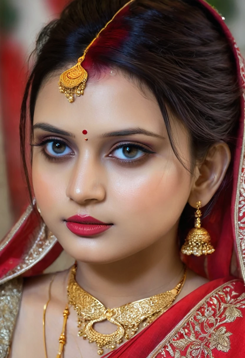 perfect pink eyes, fantastic face, Indian, beautiful look, ((red lips, bright eyes, curve heir 1.5)), ((beautiful details very big breast )), (Straight round and ultra huge clevage, not sagging breast), A glorious gorgeous, glorious gorgeous face, pretty face, bright eyes, detailed elegant printed red saree, updo elegant hair, blurred gray tones background, ultra focus, face ilumined, face detailed, 8k resolution, painted, dry brush, brush strokes, razumov style and garmash style, by Tokaito, ((Full Open ))