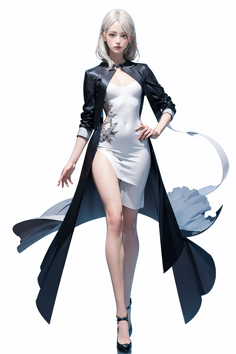 Master of animation, A perfect masterpiece, On a pure white background、Dressed in cool, sexy and modern clothes、Sexy mature modern woman standing, Flowing silver hair, Full Body Stand Posture, Thin legs, Straight chest, Detailed facial details, Natural and beautiful standing posture, Crisp and realistic body detail