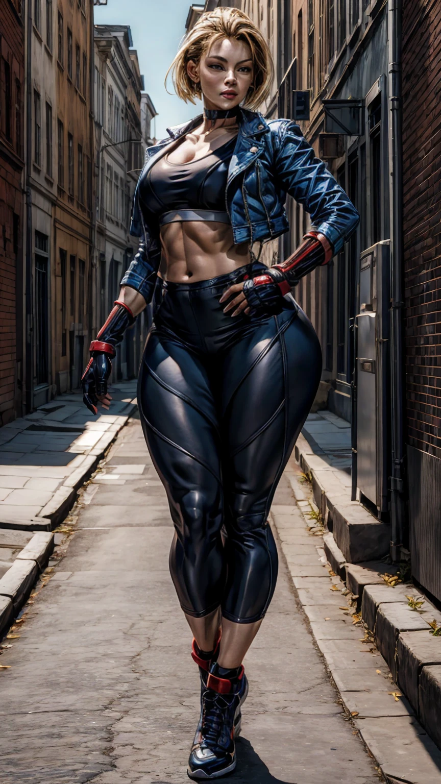 ((Full body photo, standing, feet on the floor)) masterpiece, best quality, highres, 1girl, cammy white, short hair, antenna hair, blue eyes, scar on cheek, large breasts, black choker, collarbone, blue jacket, cropped jacket, open jacket, sports bra, midriff, fingerless gloves, black gloves, black pants, standing, cowboy shot, stair, outdoors, showing big buttocks, thick thighs, curvy hips