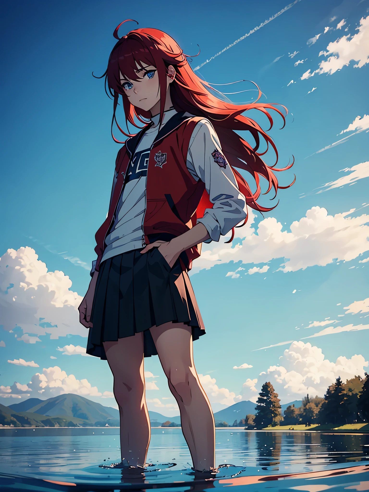 Boy in skirt. More anime style. blue flames. 2d. flatter. anime style. Viking clothing. soft. More anime. Standing in a lake. More anime. More 2d. Clean. More anime. 2d. Glow. Red hair. More anime. male. Long hair. long red hair. boy, vikings. red hair. Blue eyes. fire.