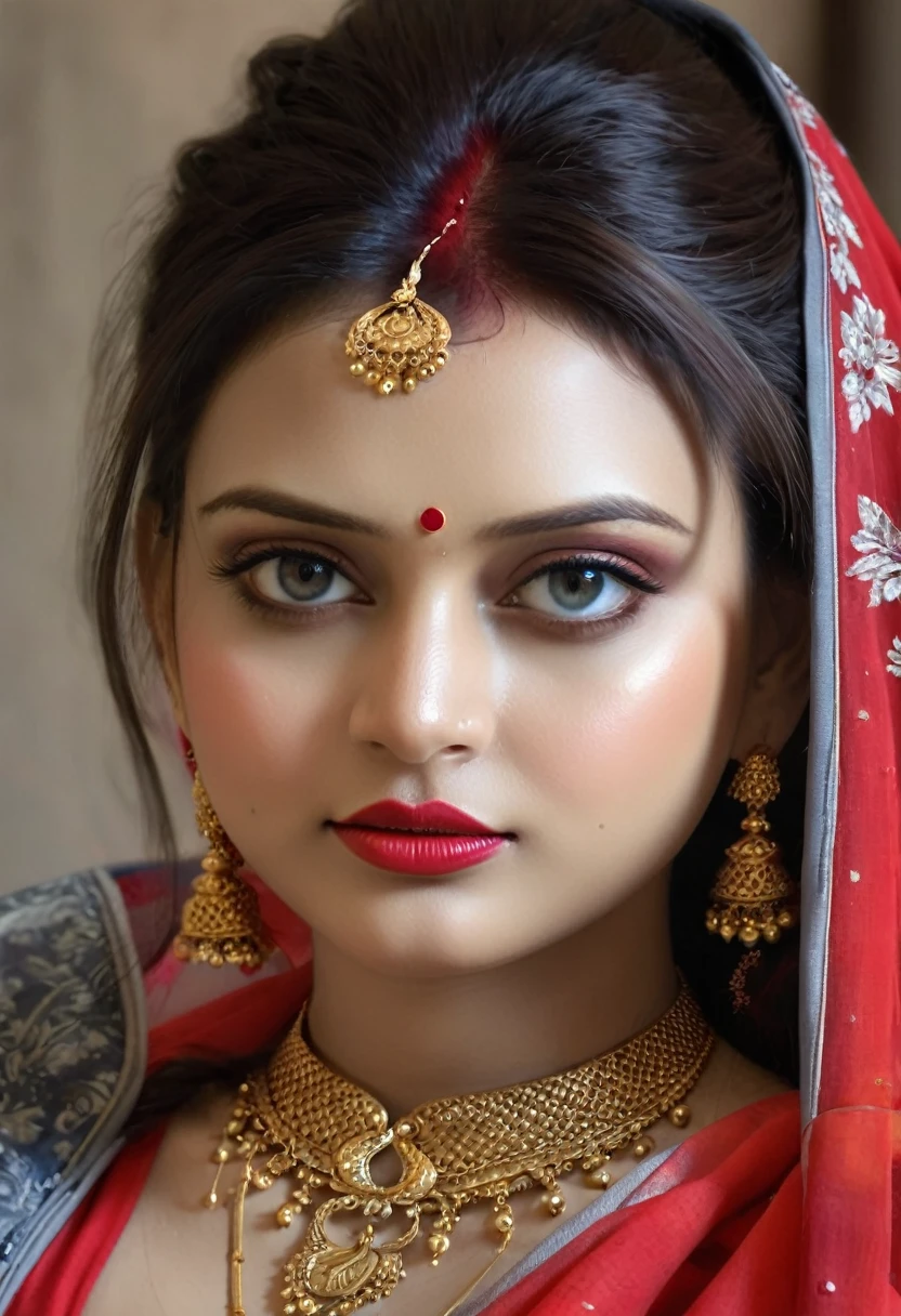perfect pink eyes, fantastic face, Indian, beautiful look, ((red lips, bright eyes, curve heir 1.5)), ((beautiful details very big breast )), (Straight round and ultra huge clevage, not sagging breast), A glorious gorgeous, glorious gorgeous face, pretty face, bright eyes, detailed elegant printed red saree, updo elegant hair, blurred gray tones background, ultra focus, face ilumined, face detailed, 8k resolution, painted, dry brush, brush strokes, razumov style and garmash style, by Tokaito,  ((Full Open ))