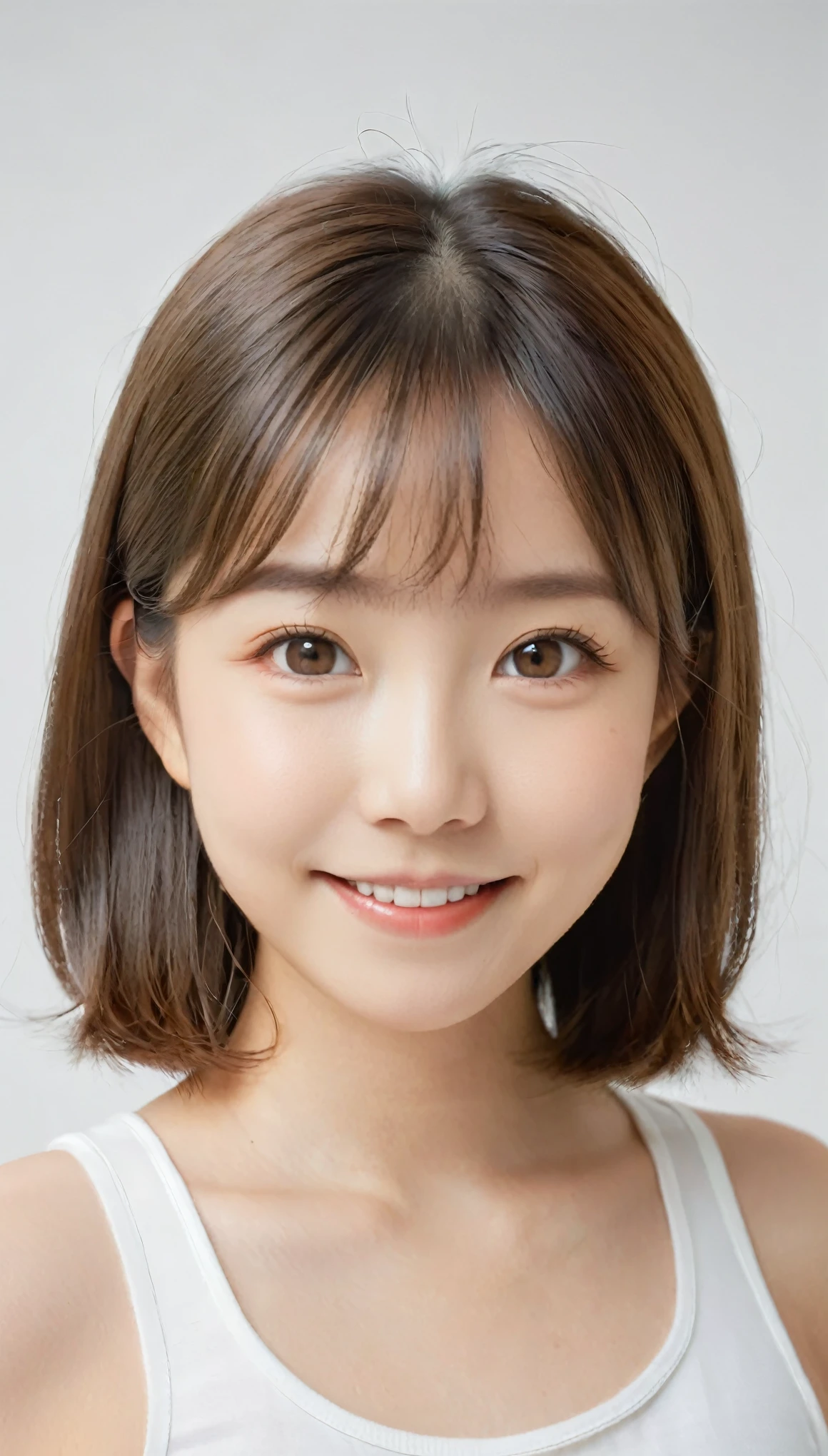 (A photo of your face:1.25), 6 years old, (Baby Face), (Round face), One Japanese woman, beautiful girl, Pretty face, (View your viewers), (Standing facing the camera), (smile), (Beige tank top)、(Pure white background:1.2)、Mouth closed