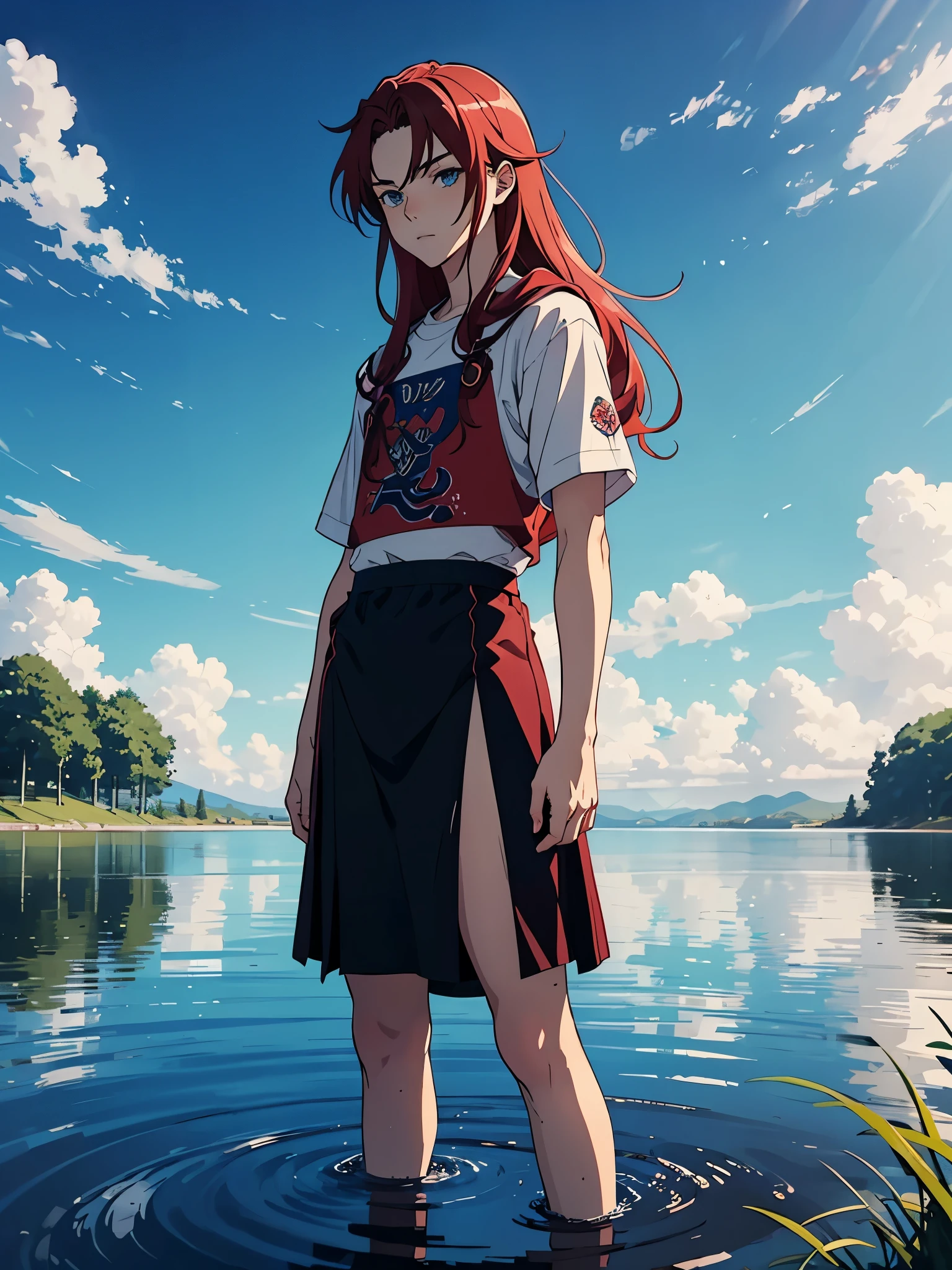 Boy in skirt. More anime style. blue flames. 2d. flatter. anime style. Viking clothing. soft. More anime. Standing in a lake. More anime. More 2d. Clean. More anime. 2d. Glow. Red hair. More anime. male. Long hair. long red hair. boy, vikings. red hair. Blue eyes. fire.
