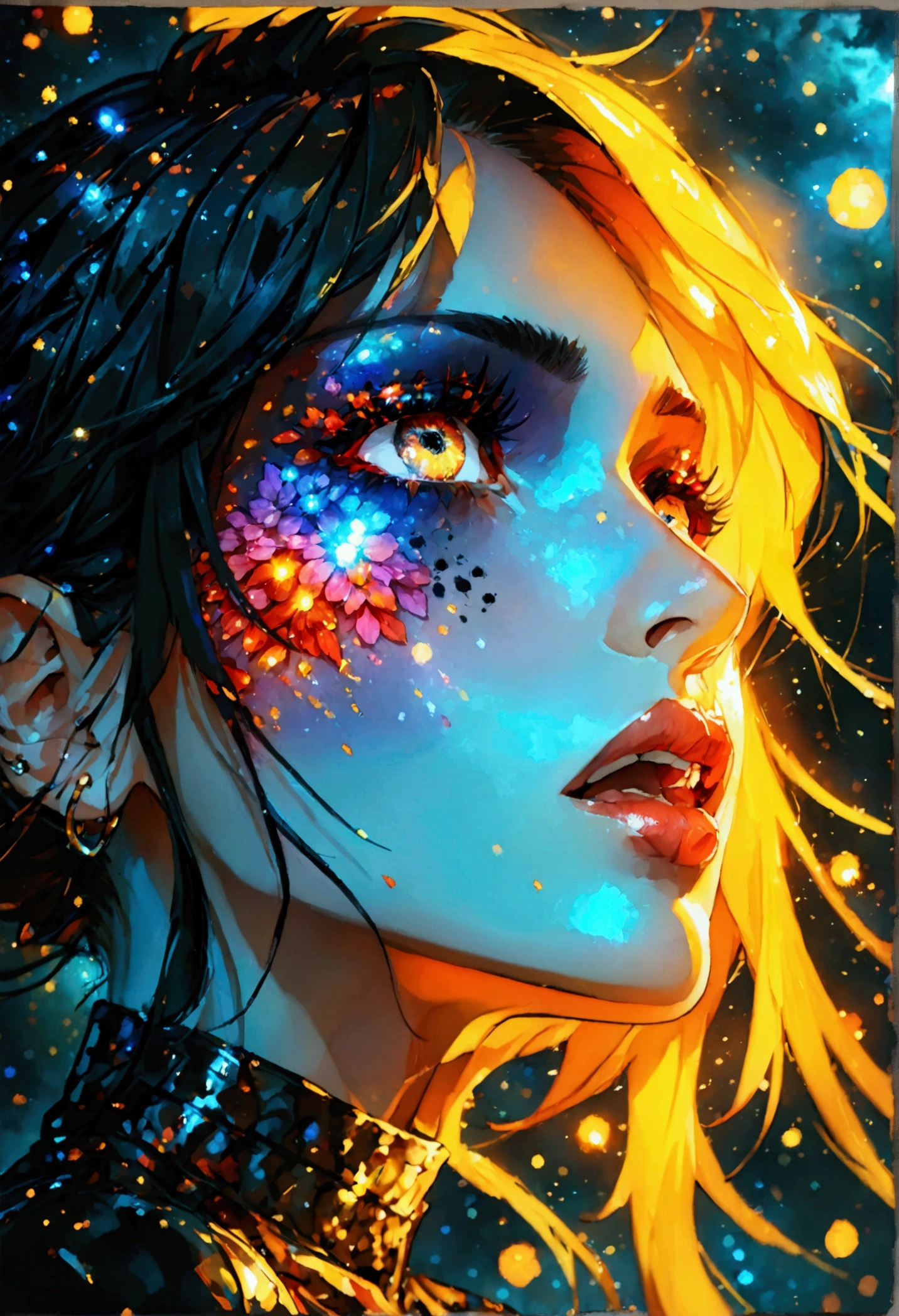 side PORTRAIT, only face portrait, macro, a black bat next to a vampire girls portrait, mouth open roaring, scarface red skin with light and glitter, long fire hair with red skulls on hair, snake lightening eyes with one eye closed, cosmos eyes, next to a black spider, highly detailed fur (vectorized) yellow lightening eyes, detailed skin, image is compelling with dynamic composition and dark posing. Include many fantasy details such as bumps, phantasmal iridescence, glitter, galaxy, cosmos, fire, ((dark celestialskin hell body, void cosmic body)), (((dark background))), (((lights off))), (((hollywood dark))), horror, dramatic shadows, (in a dark fantasy space:1.3, glitter, sparkle, gleam) vector digital illustration, ()sharp