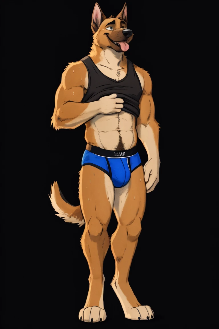 (pinup), Anthro, male, solo, full length portrait, domestic dog,( belgian malinois:1.1), muscular, athletic, abs, smile, panting, tongue out,digitigrade,barefoot,tanktop,shirt lift,hand on chest, jockstrap, sweat, sweaty, happy trail, (black background:1.1), digital artwork, (flat colors:1.2), (by adios, by k-9, by paintfox:.8), by delirost, by tritscrits, (detailed fur, detailed fur texture:0), (masterpiece, best quality, high quality, highres, ultra-detailed)