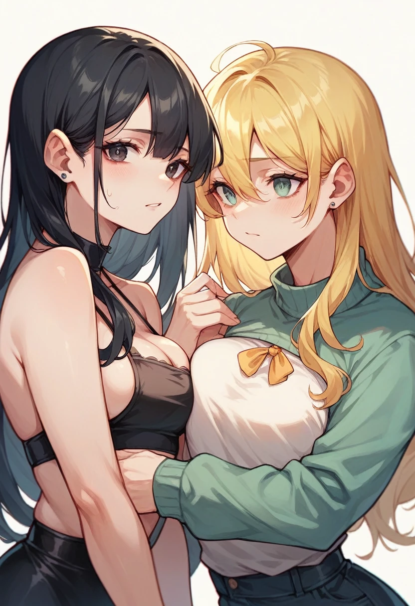 two girls, one with black hair and one with yellow hair, with two dogs in his hands