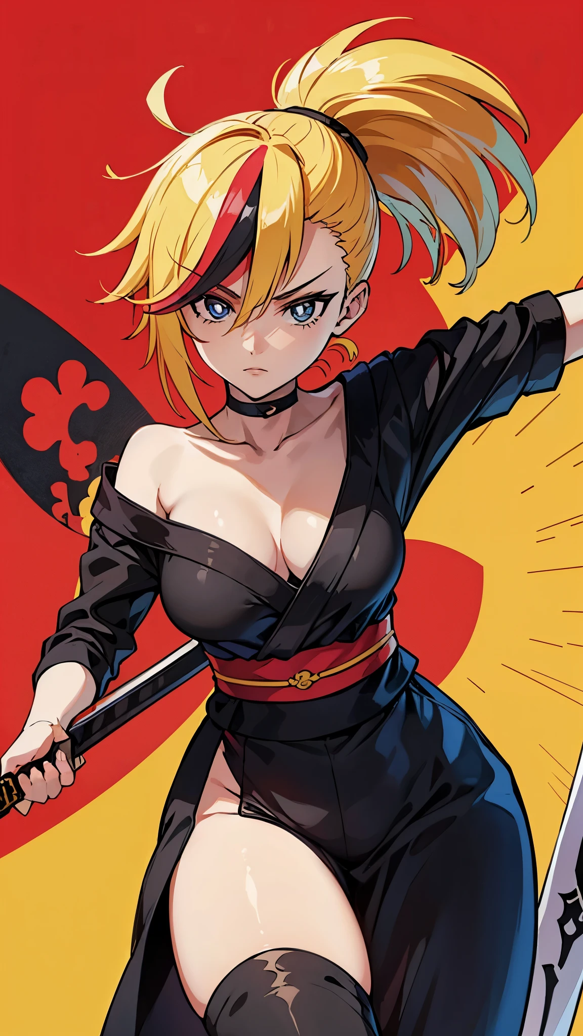 a drawing of a woman in a black outfit holding a sword, inspired by Kusumi Morikage, inspired by Kanō Hōgai, inspired by Kano Sanraku, inspired by Kawabata Ryūshi, Female Samurai, Japanese anime style, anime style character