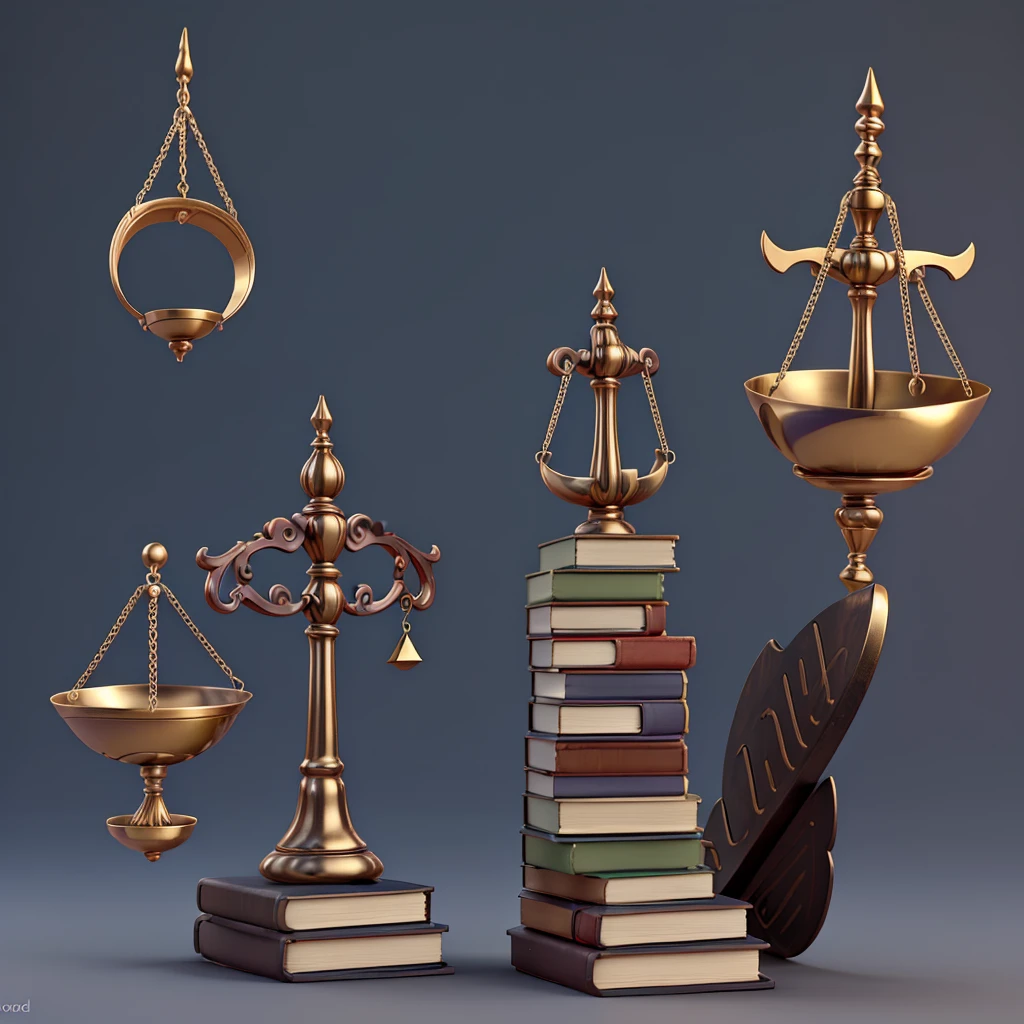 Scales of justice on top of books in 3d render