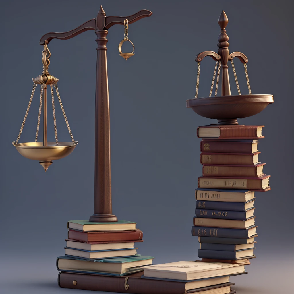 Scales of justice on top of books in 3d render