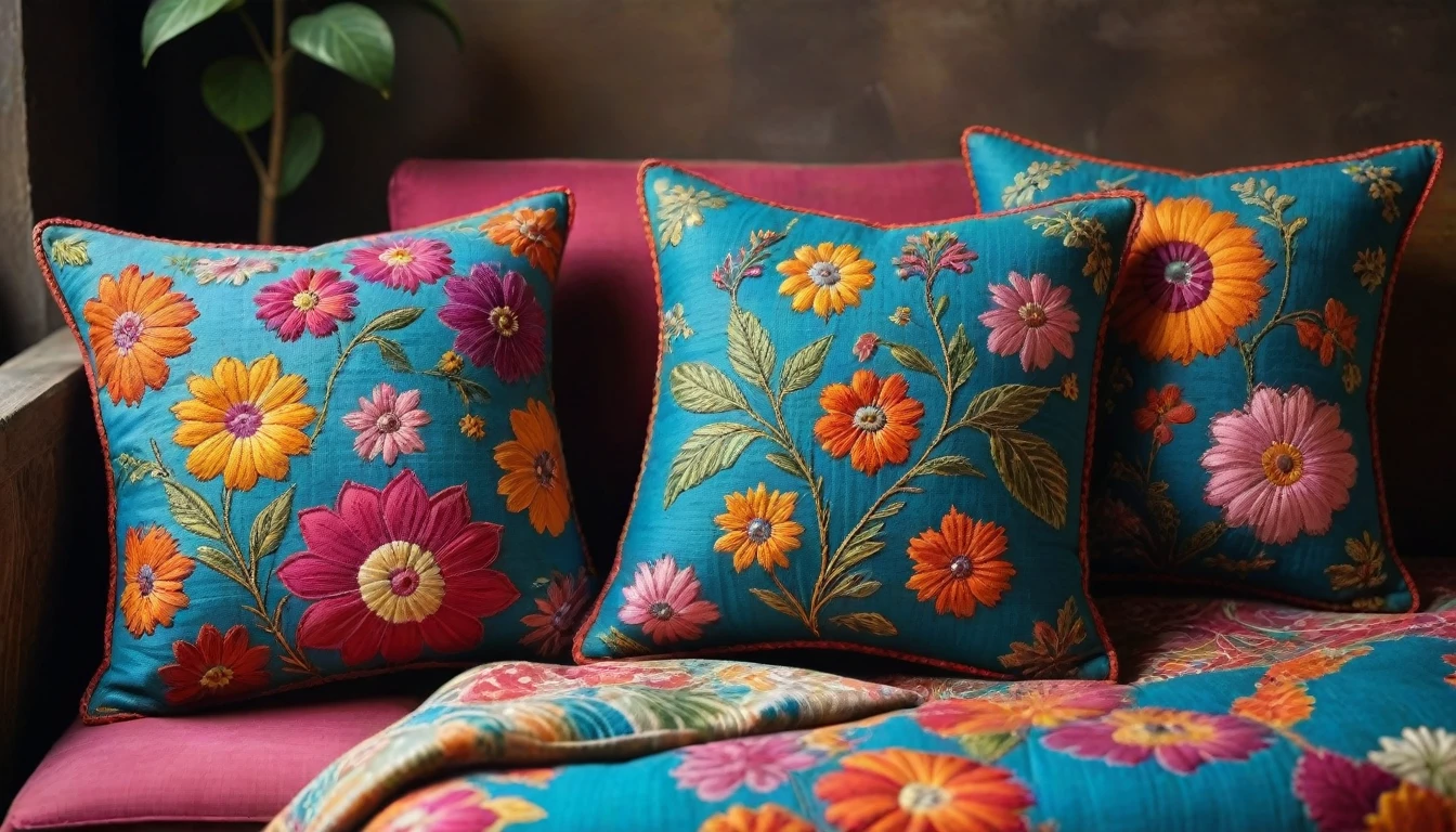 Create an image in the style of ((Kantha)), showcasing intricate and vibrant embroidery patterns. Ensure the design is hyper-realistic, captured in 8K high definition with vibrant colors and sharp focus. The image should be insanely detailed, highlighting the delicate stitching, rich textures, and traditional motifs of Kantha art. Surround the central fabric piece with an array of beautifully embroidered cushions and textiles, all set against a background that enhances the vividness and intricacy of the artwork.