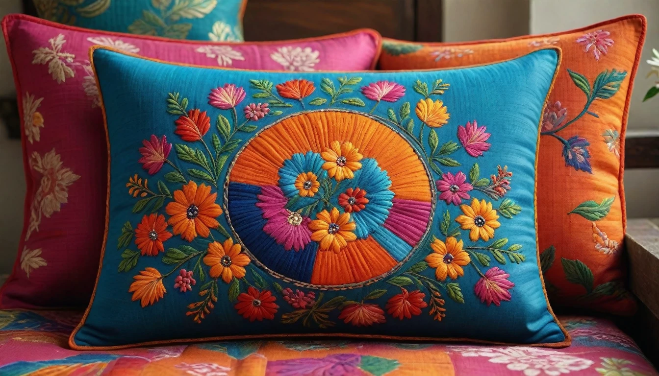 Create an image in the style of ((Kantha)), showcasing intricate and vibrant embroidery patterns. Ensure the design is hyper-realistic, captured in 8K high definition with vibrant colors and sharp focus. The image should be insanely detailed, highlighting the delicate stitching, rich textures, and traditional motifs of Kantha art. Surround the central fabric piece with an array of beautifully embroidered cushions and textiles, all set against a background that enhances the vividness and intricacy of the artwork.