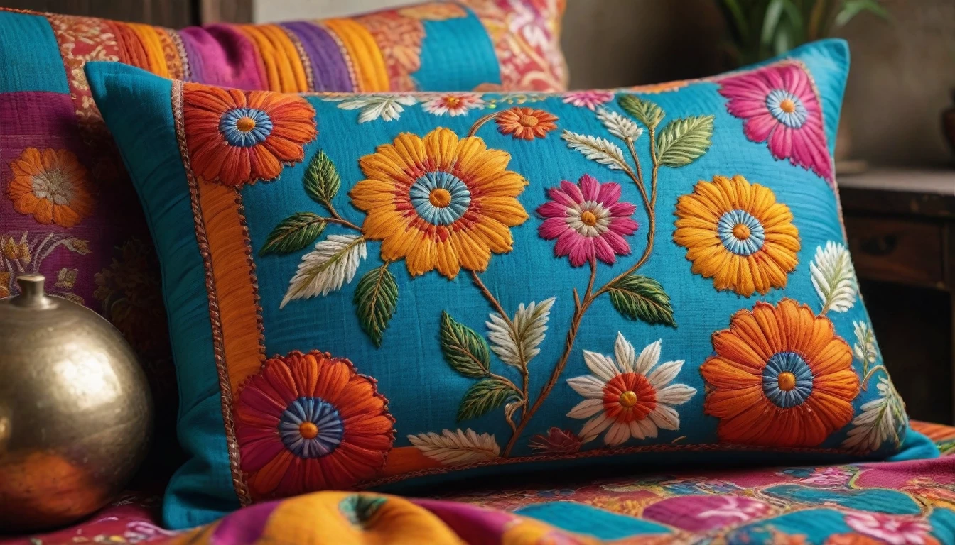 Create an image in the style of ((Kantha)), showcasing intricate and vibrant embroidery patterns. Ensure the design is hyper-realistic, captured in 8K high definition with vibrant colors and sharp focus. The image should be insanely detailed, highlighting the delicate stitching, rich textures, and traditional motifs of Kantha art. Surround the central fabric piece with an array of beautifully embroidered cushions and textiles, all set against a background that enhances the vividness and intricacy of the artwork.