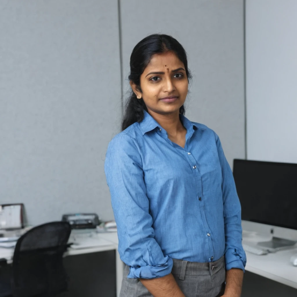 Indian woman in blue shirt standing in office 