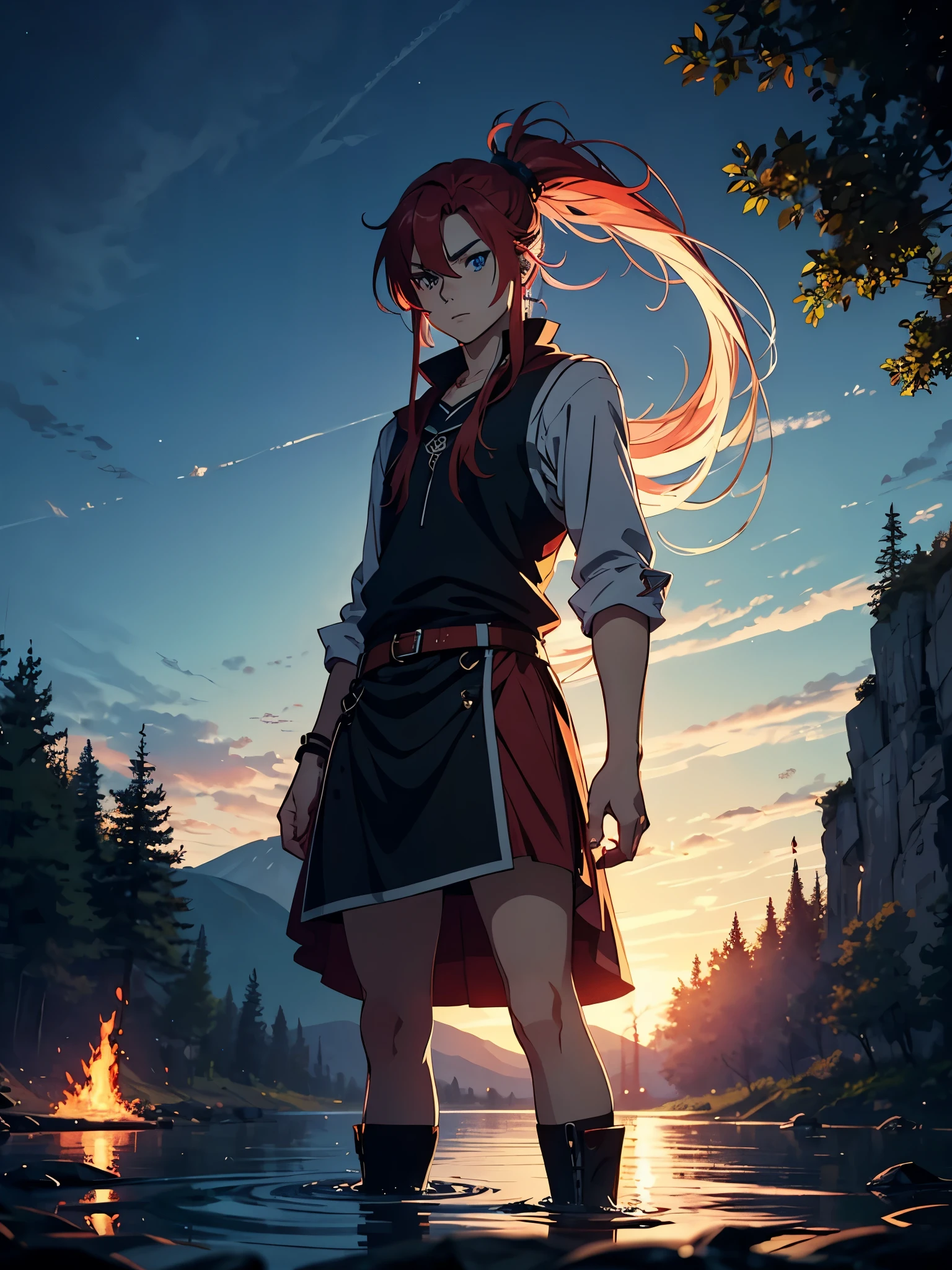 Boy in skirt. More anime style. blue flames. 2d. flatter. anime style. Viking clothing. soft. More anime. Standing in a lake. More anime. More 2d. Clean. More anime. 2d. Glow. Red hair. More anime. male. Long hair. long red hair. boy, vikings. red hair. Blue eyes. fire. 
