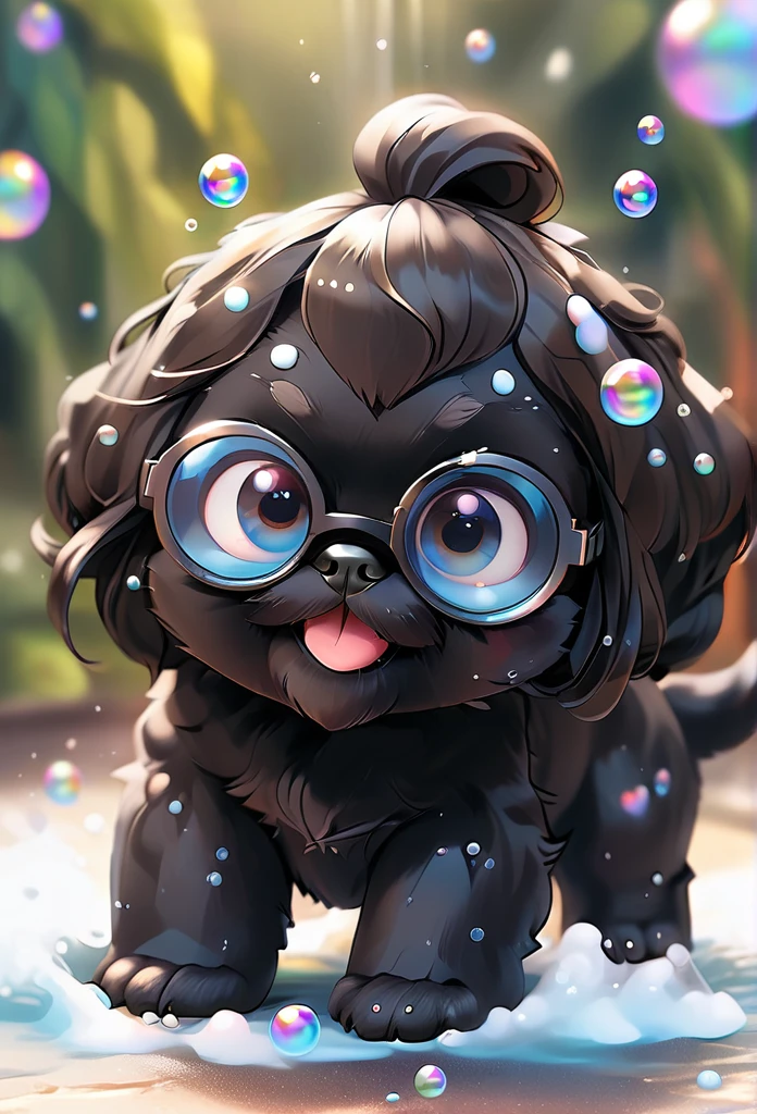 2 black Shih Tzu puppies with blue eyes, wearig goggles, covered in shampoo bubbles, happy, playful, excited, vibrant bubbles in back ground 3D Pixar style