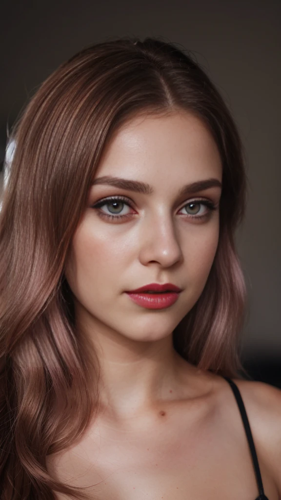 Blond brown hair, (RAW photo), (realism: 1.8), (gloss red lipstick, many eyelashes, dark eye shadow, shy, blushing, high quality, high resolution, depth of collage compound field, chromatic aberration, caustic, wide light, dark pink glossy skin, (21 year old woman), smartwatch, smartphone, stylish college girl, silk pink night drees, skin tight cloths, lots of exposure, posing for photo, visible 8k resolutions,