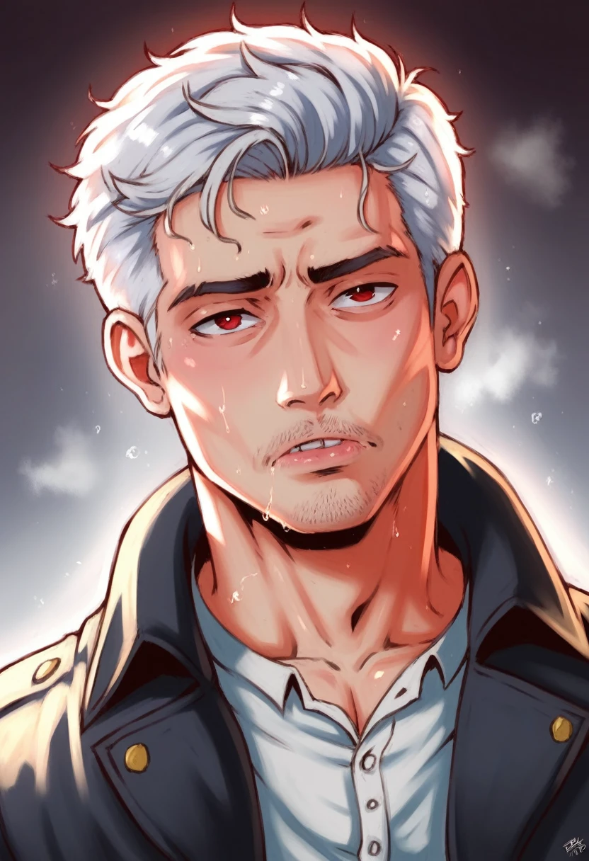 (best quality, masterpiece, 8K, photorealistic, cinematic lighting, 1:4 hdr image, ultra detailed, beautiful image), a mature man, 34 years very handsome, ((cold expression)), short white hair, red eyes, face perfect without mistakes, ((buttoning his jacket, CEO))