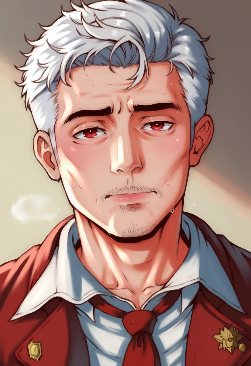 (best quality, masterpiece, 8K, photorealistic, cinematic lighting, 1:4 hdr image, ultra detailed, beautiful image), a mature man, 34 years very handsome, ((cold expression)), short white hair, red eyes, face perfect without mistakes, ((buttoning his jacket, CEO))