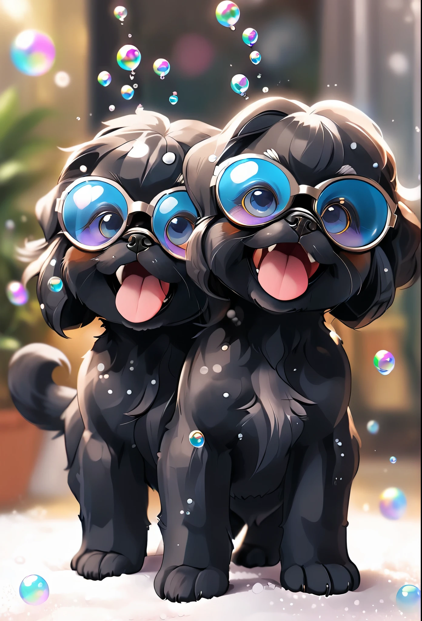 2 black Shih Tzu puppies with blue eyes, wearig goggles, covered in shampoo bubbles, happy, playful, excited, vibrant bubbles in back ground