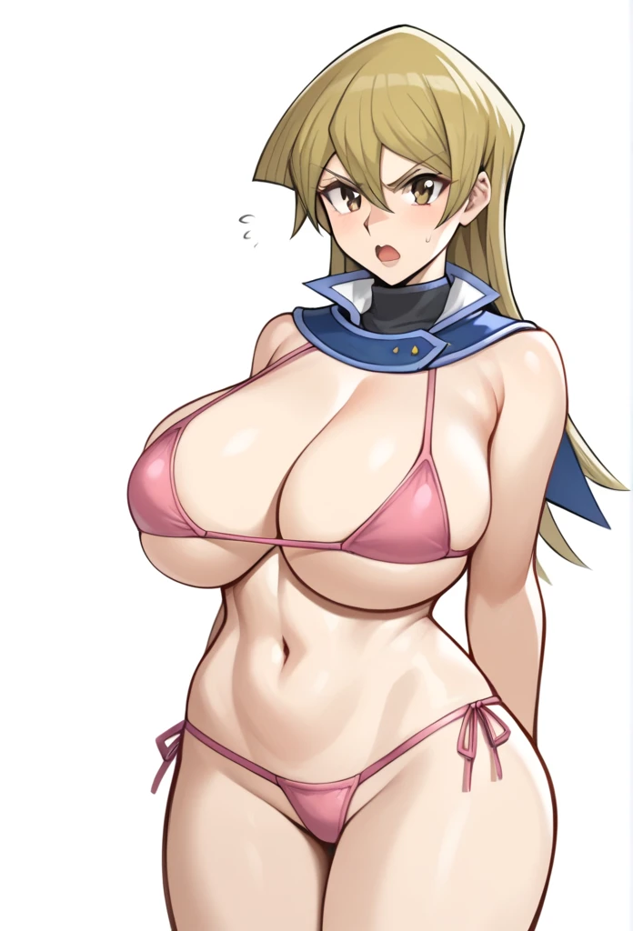 score_9,score_8_up,score_7_up,1girl, arm_behind_back, blonde_hair, brown_eyes, cropped_torso, microbikini, hair_between_eyes, highres, huge_, simple_background, sketch, solo, straight_hair, tenjouin_asuka, turtleneck, very_long_hair, white_background,  huge , big breast, sexy le angrypen mouth, pink bikini, 