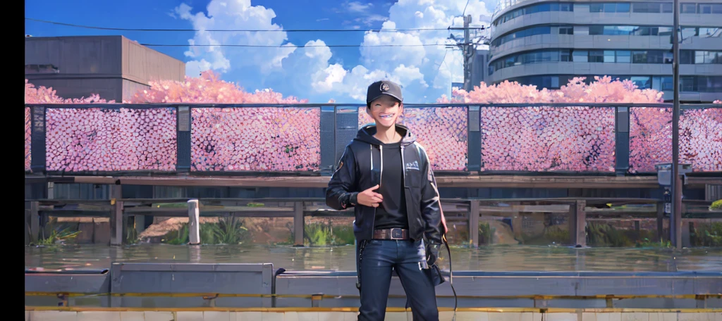 (masterpiece, best quality:1.2), cowboy shot, solo, male focus, 1boy, gojo satoru, facial mark, grin, looking at viewer, hand in pocket, , black jacket, hood