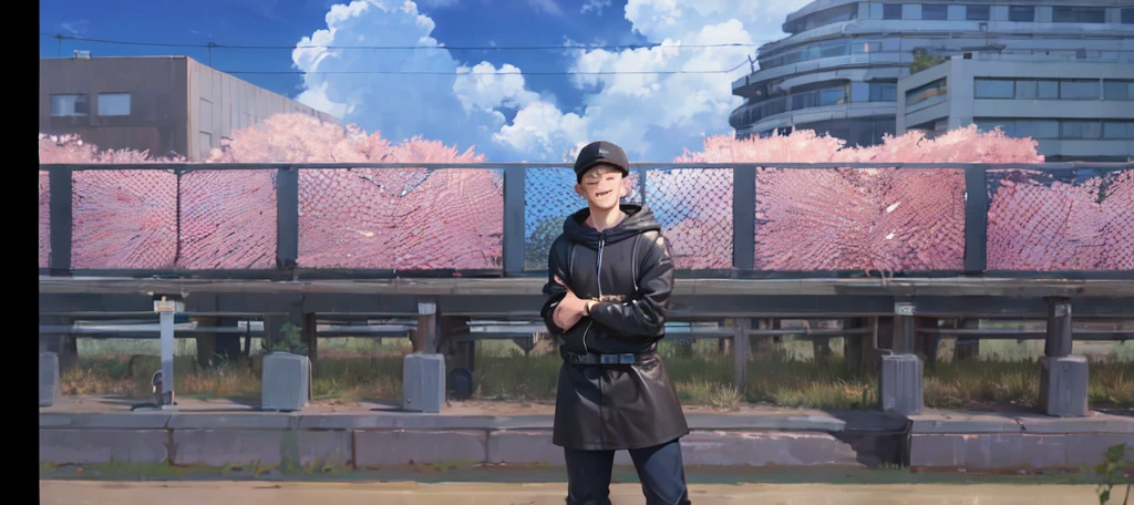 (masterpiece, best quality:1.2), cowboy shot, solo, male focus, 1boy, gojo satoru, facial mark, grin, looking at viewer, hand in pocket, , black jacket, hood
